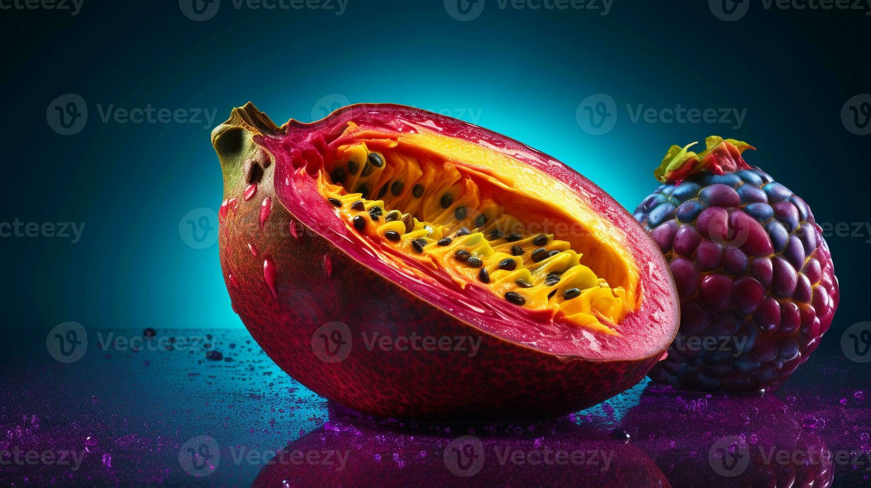 photo de chirimoya fruit moitié contre une coloré abstrait Contexte. génératif ai