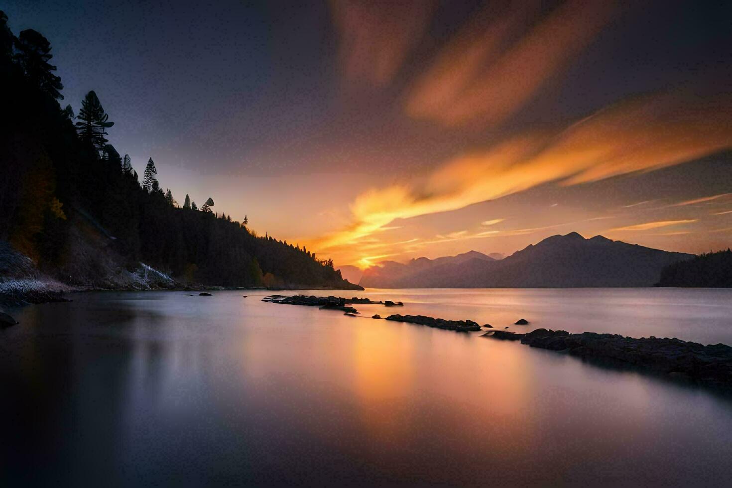 une magnifique le coucher du soleil plus de une Lac et montagnes. généré par ai photo