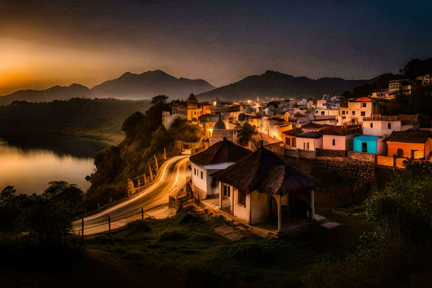 une village dans le montagnes à le coucher du soleil. généré par ai photo