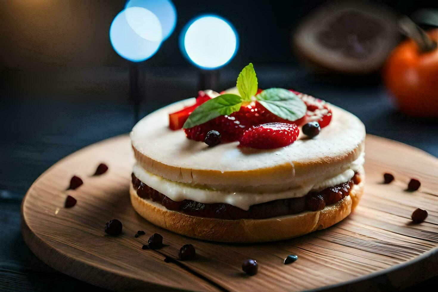 une gâteau avec des fraises et crème sur une en bois plaque. généré par ai photo