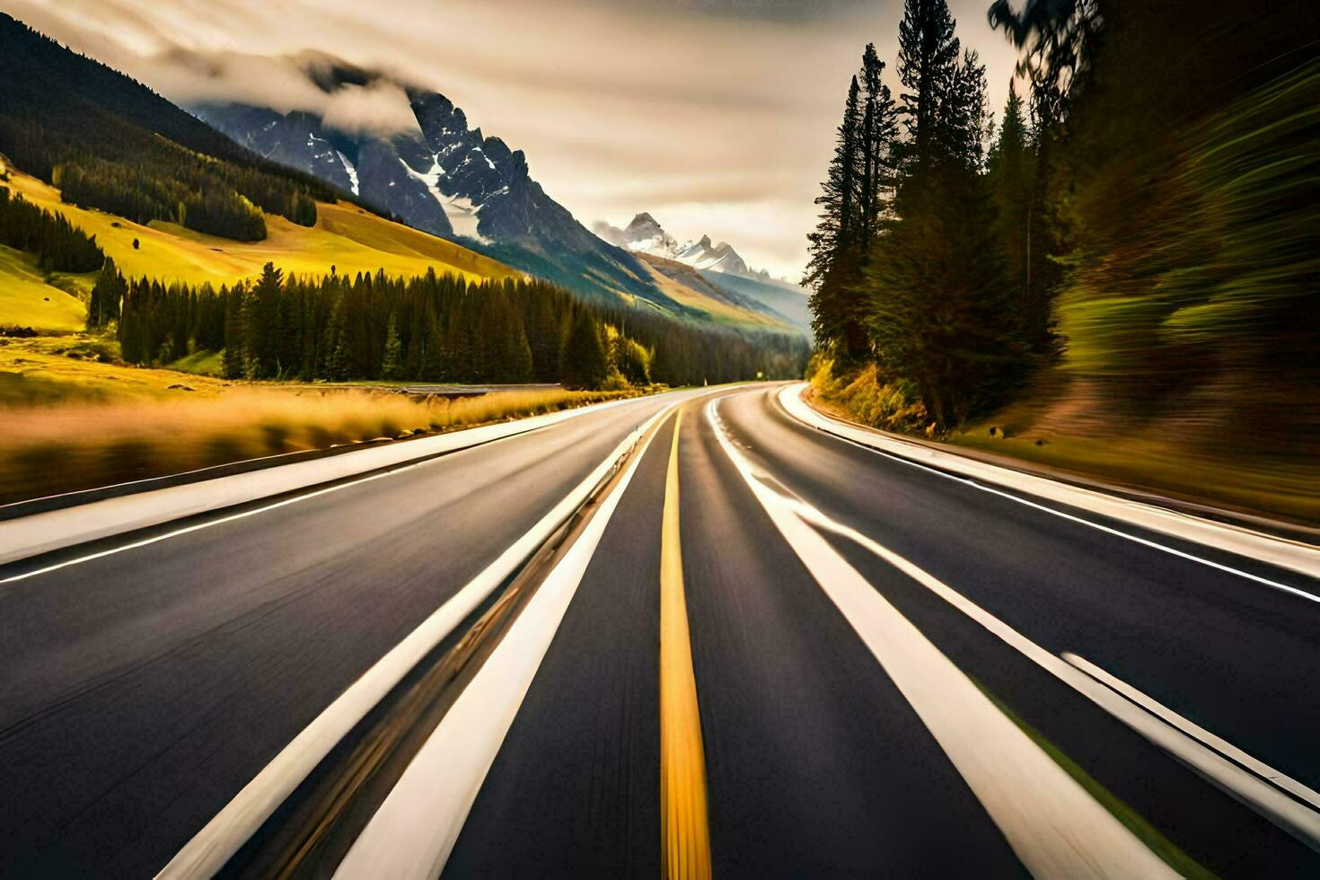 une floue image de une route avec montagnes dans le Contexte. généré par ai photo