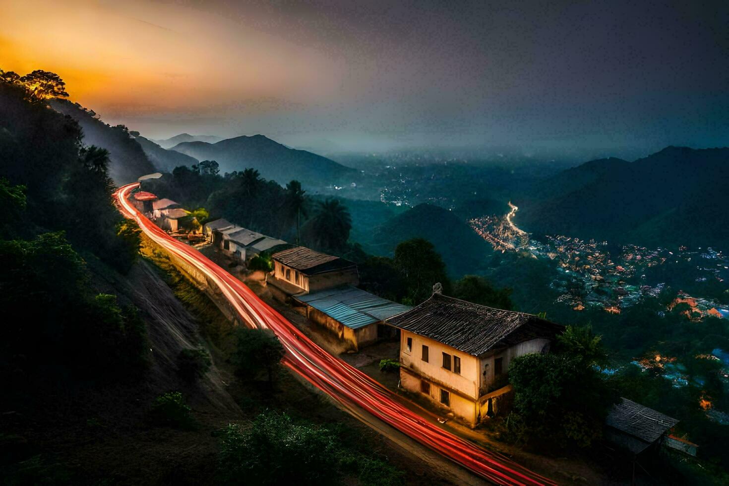 une longue exposition photographier de une route dans le montagnes. généré par ai photo