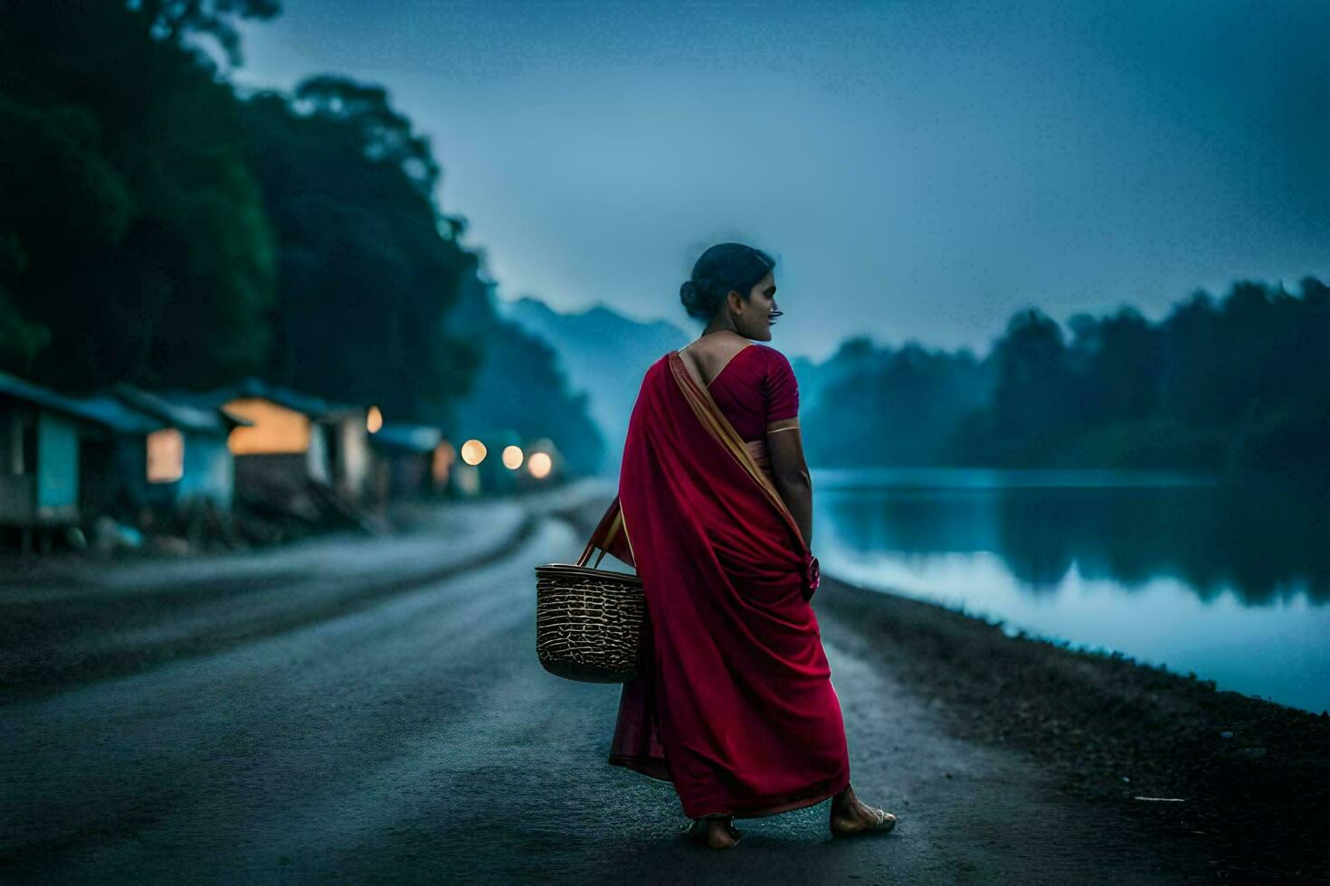 une femme dans une rouge sari des promenades vers le bas une route près une lac. généré par ai photo