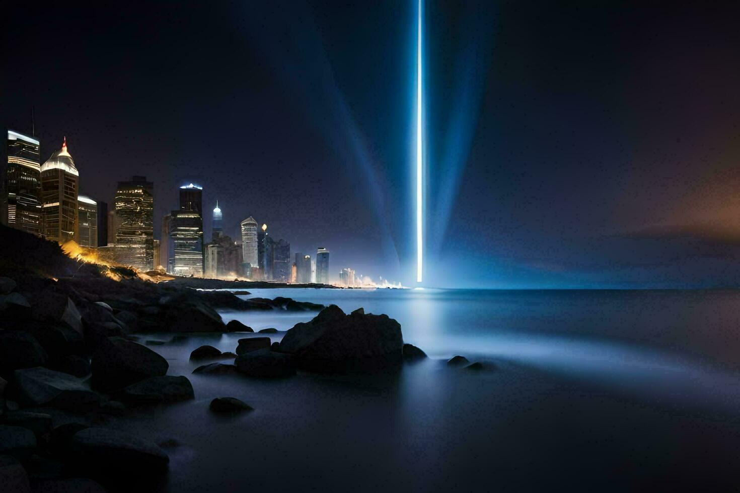 le faisceau de lumière est brillant plus de le ville ligne d'horizon. généré par ai photo