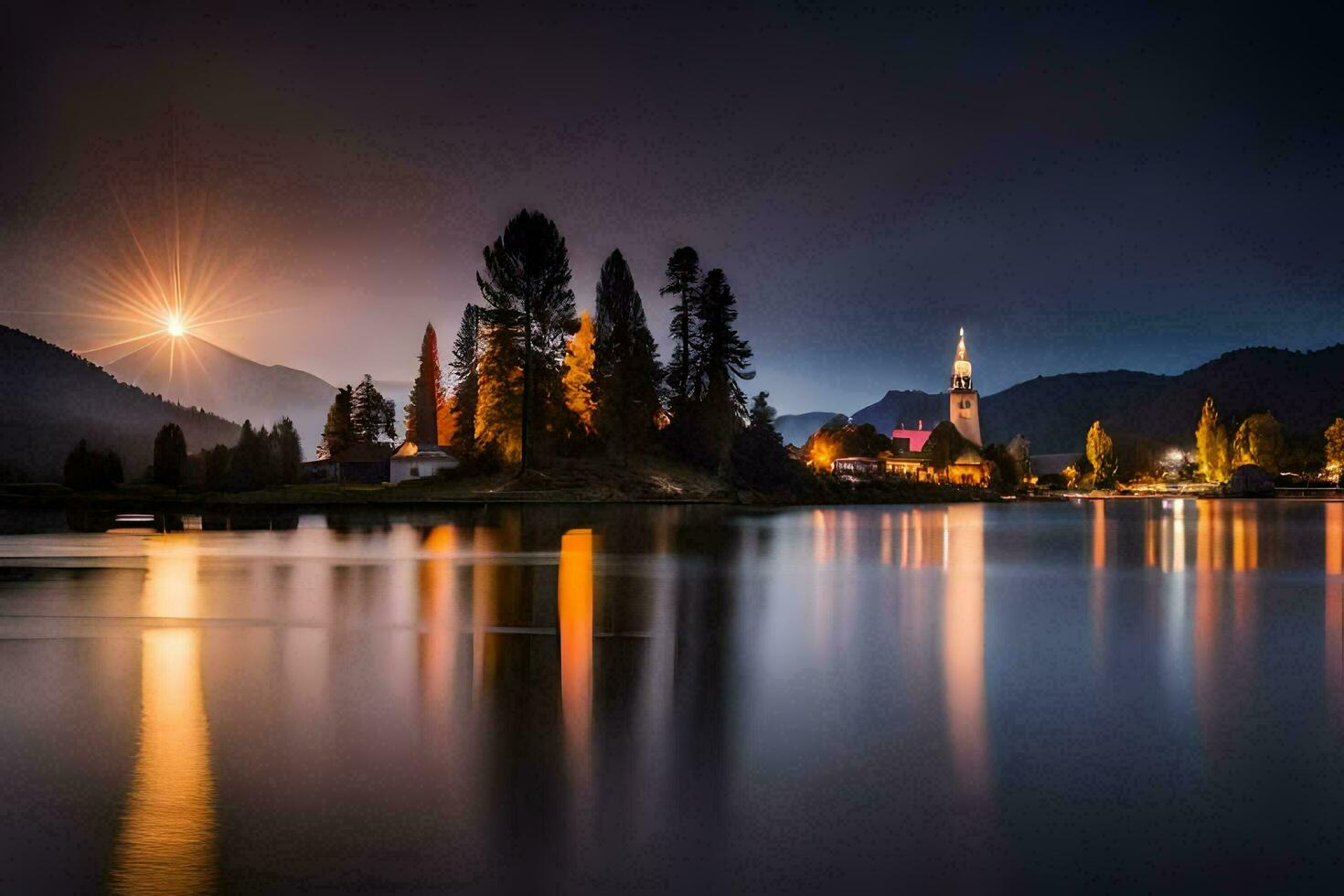 le lune monte plus de le Lac dans le Contexte. généré par ai photo