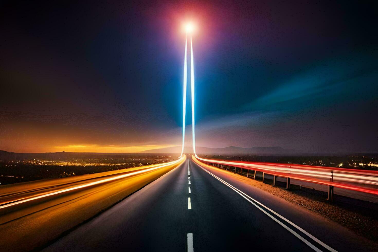 une longue exposition photo de une Autoroute à nuit. généré par ai