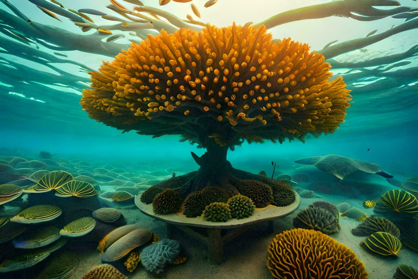 une arbre avec beaucoup différent les types de poisson dans le océan. généré par ai photo