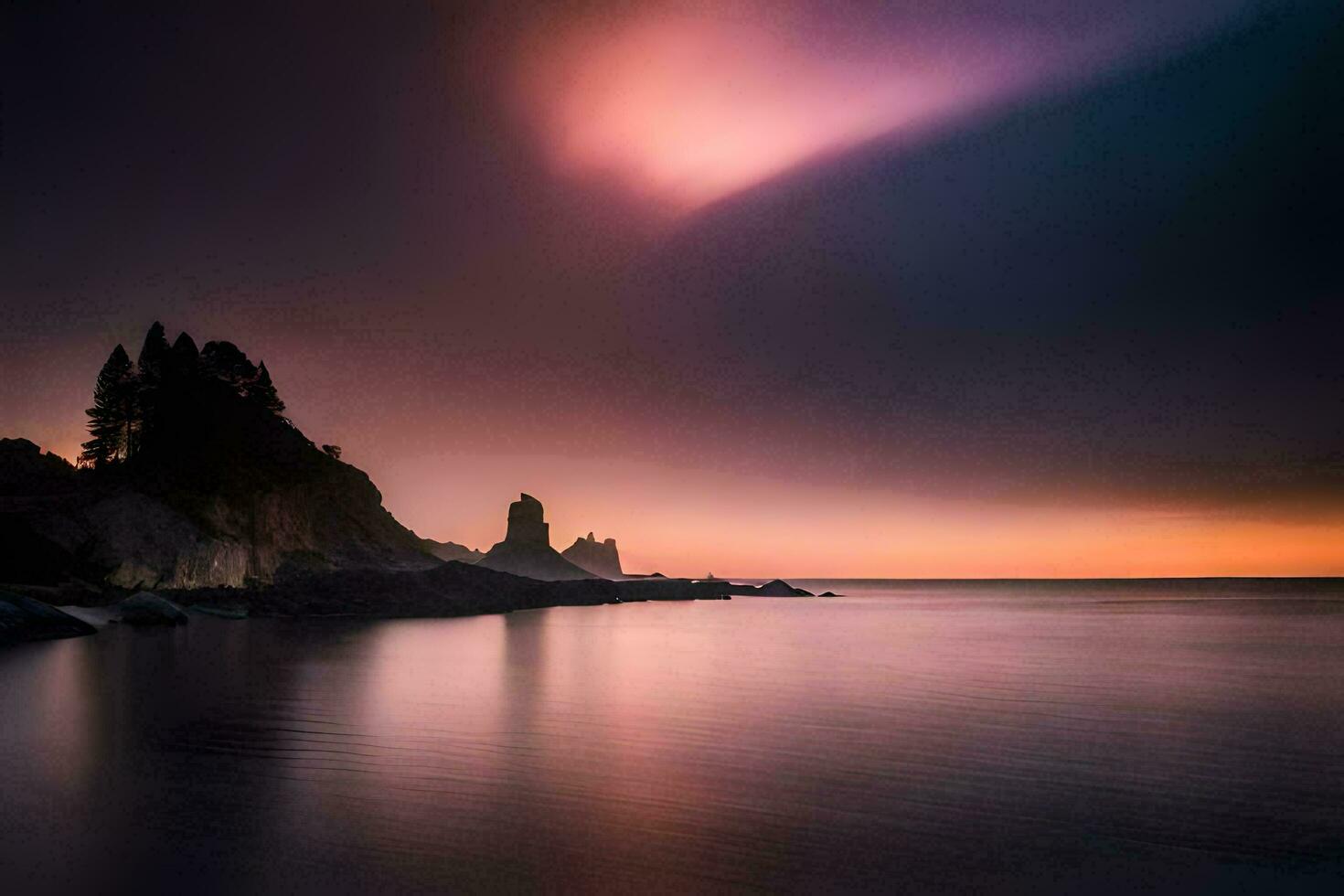 une magnifique le coucher du soleil plus de le océan avec rochers et des arbres. généré par ai photo