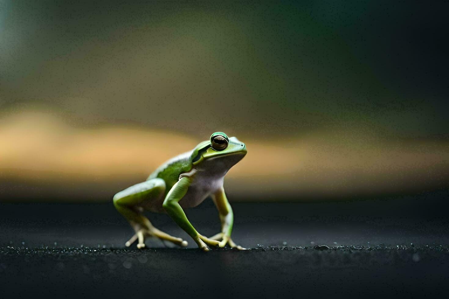 une grenouille est permanent sur une noir surface. généré par ai photo