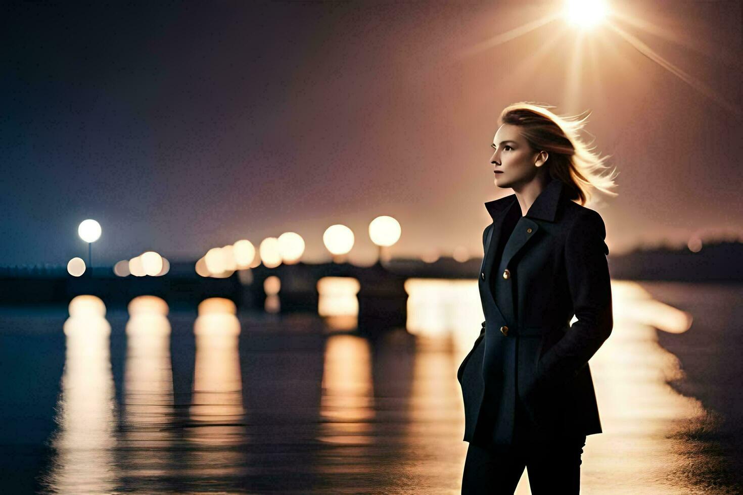 une femme dans une noir manteau des stands par le l'eau à nuit. généré par ai photo