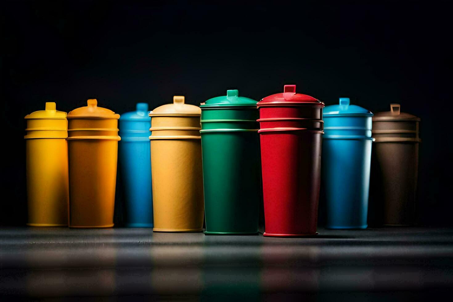 une groupe de coloré Plastique bouteilles sur une noir Contexte. généré par ai photo