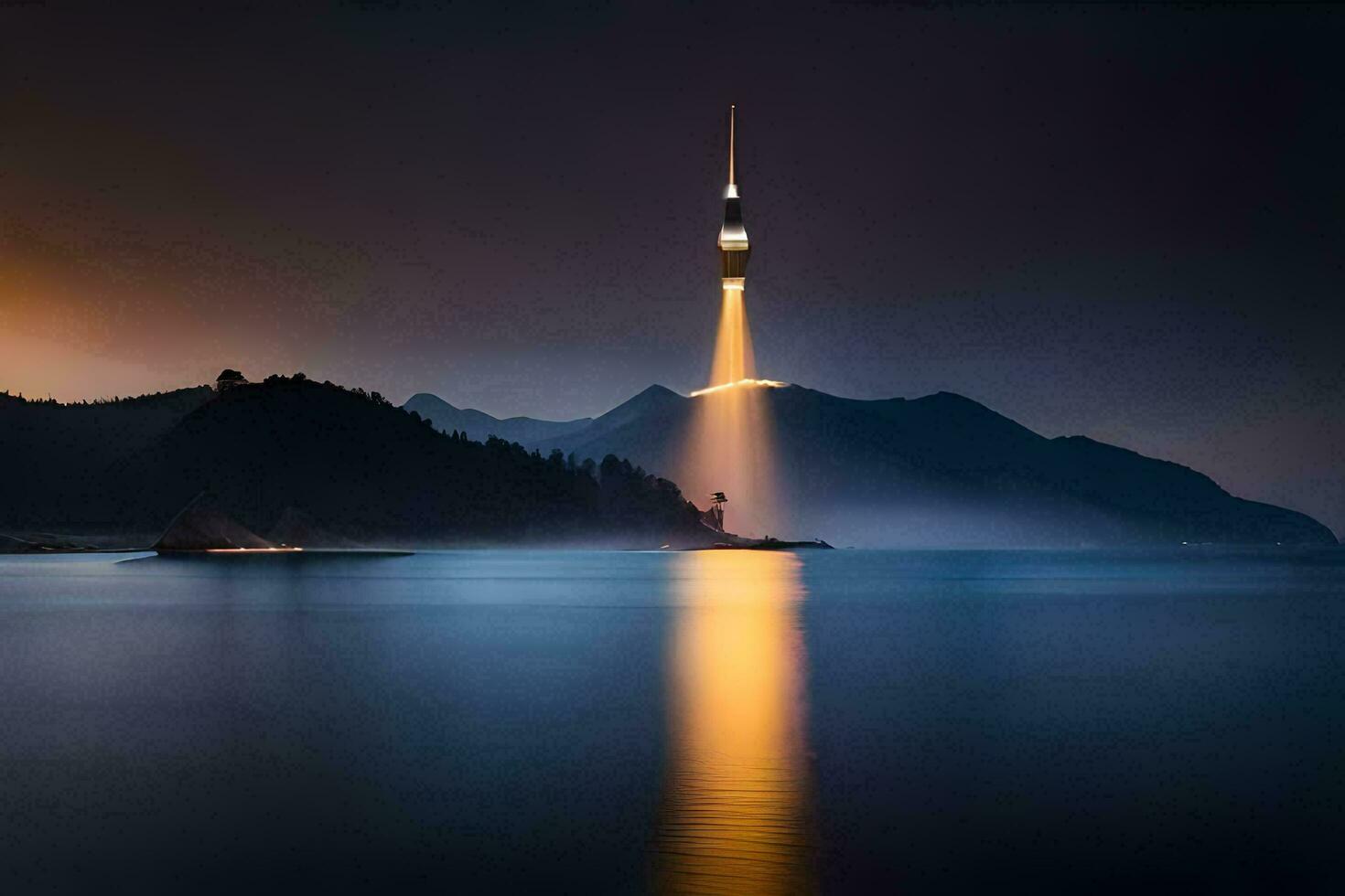 une la tour est allumé en haut à nuit dans le milieu de une lac. généré par ai photo