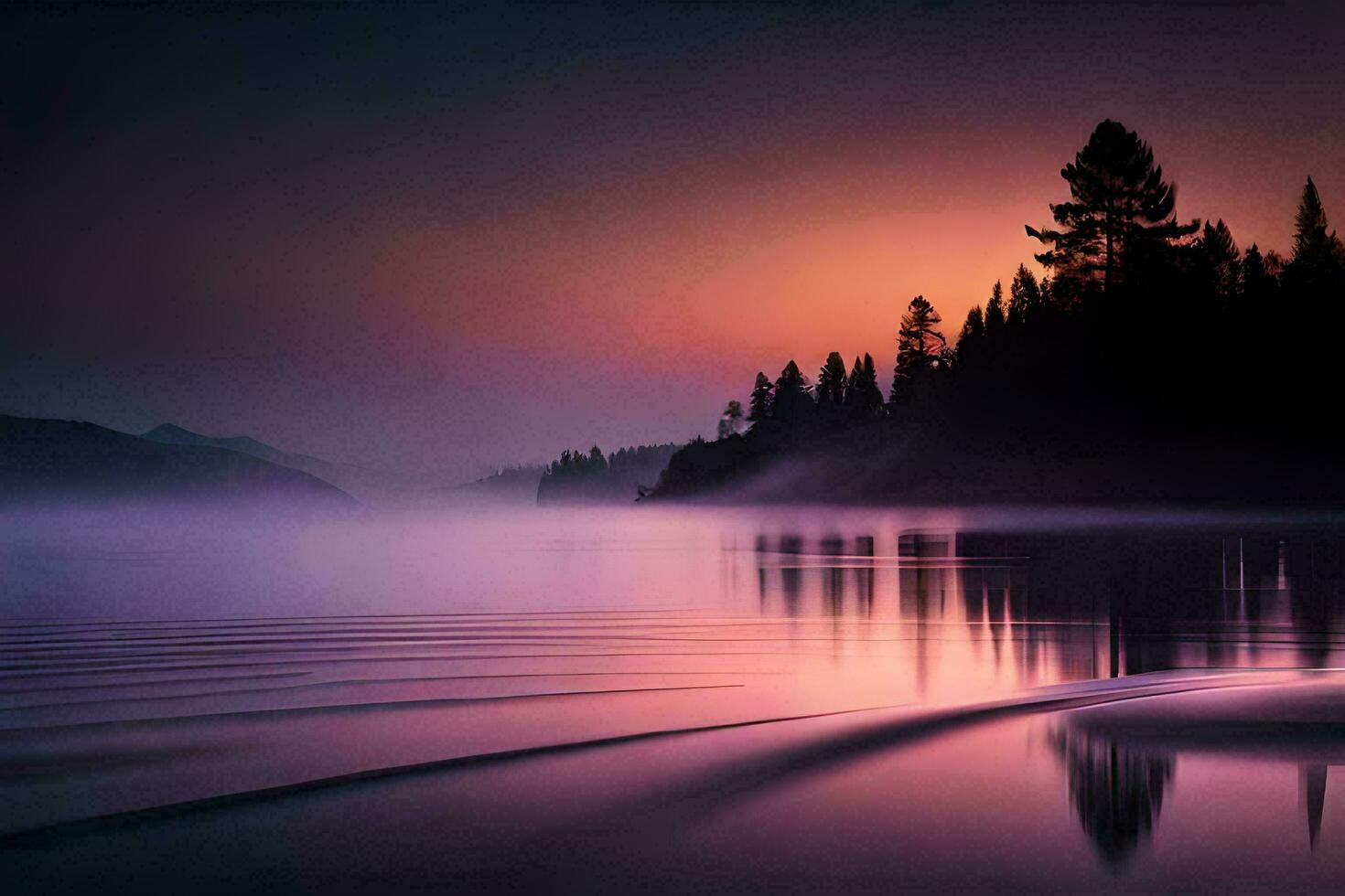 une magnifique le coucher du soleil plus de une Lac avec des arbres. généré par ai photo