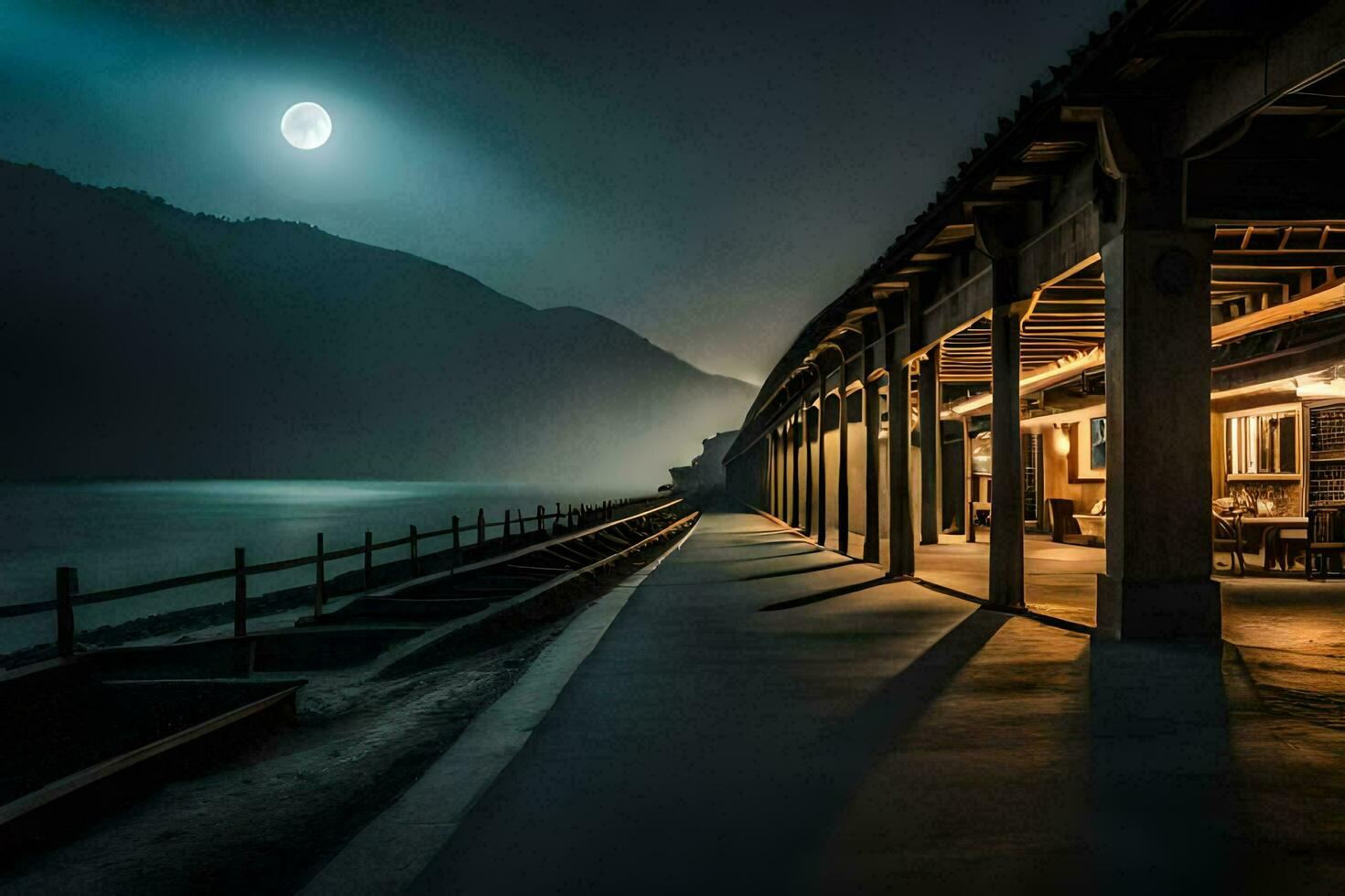 une plein lune brille plus de une jetée à nuit. généré par ai photo