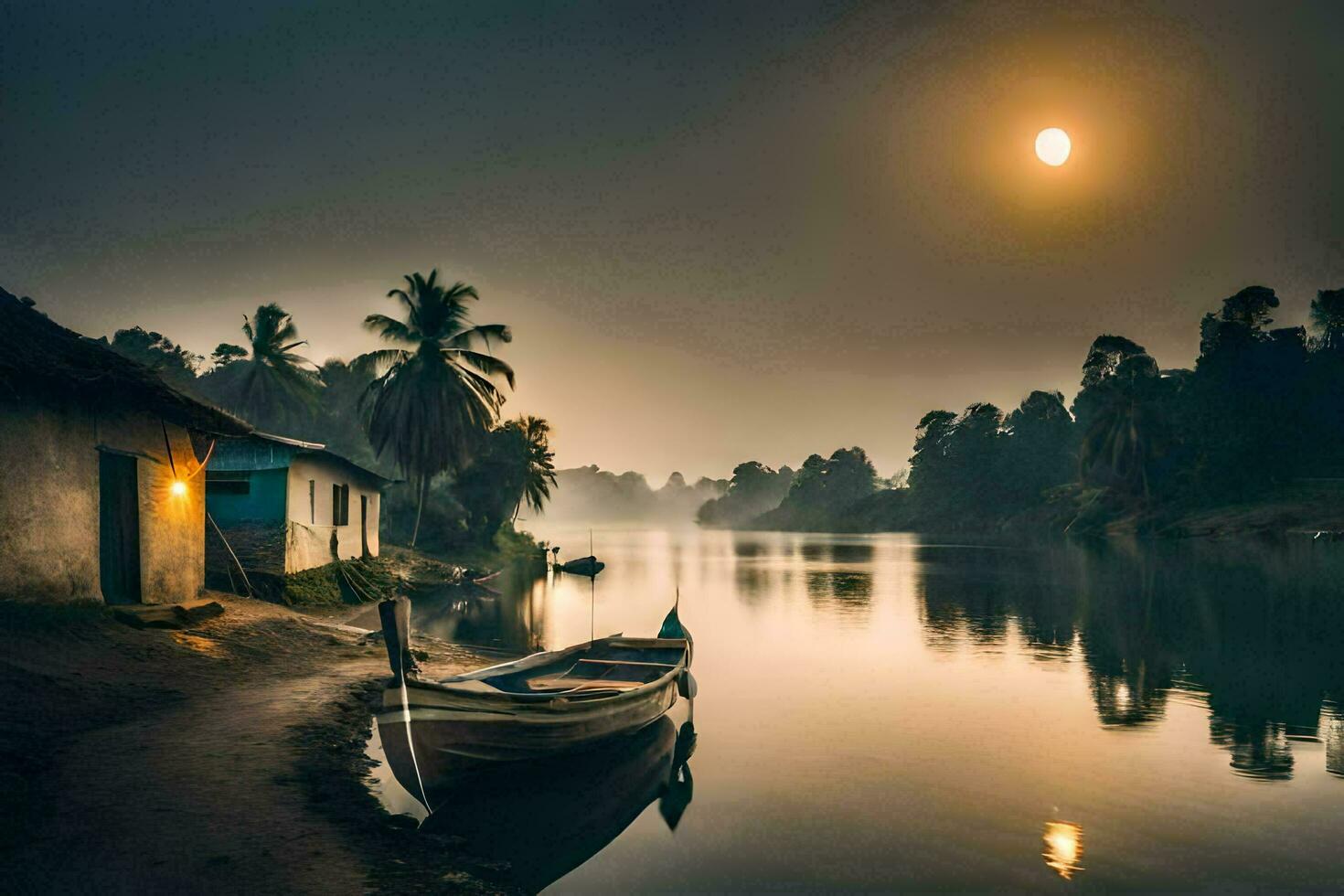 une bateau est assis sur le rive de une rivière à lever du soleil. généré par ai photo