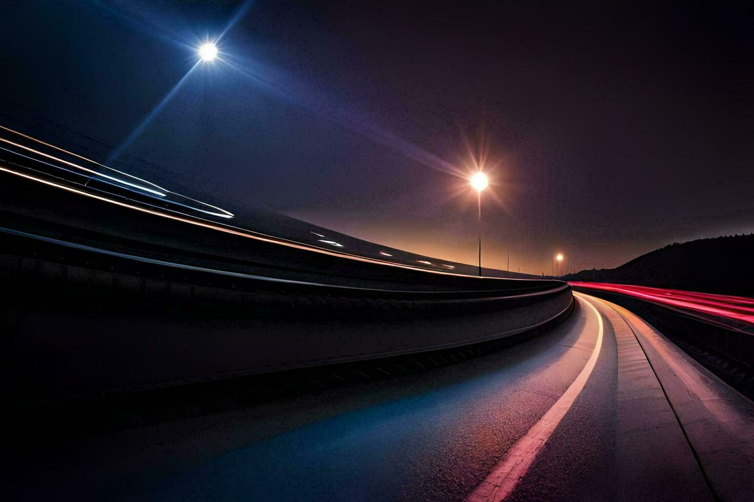 une longue exposition photographier de une Autoroute à nuit. généré par ai photo