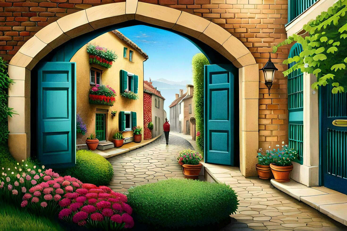 un illustration de une rue avec une bleu porte et fleurs. généré par ai photo