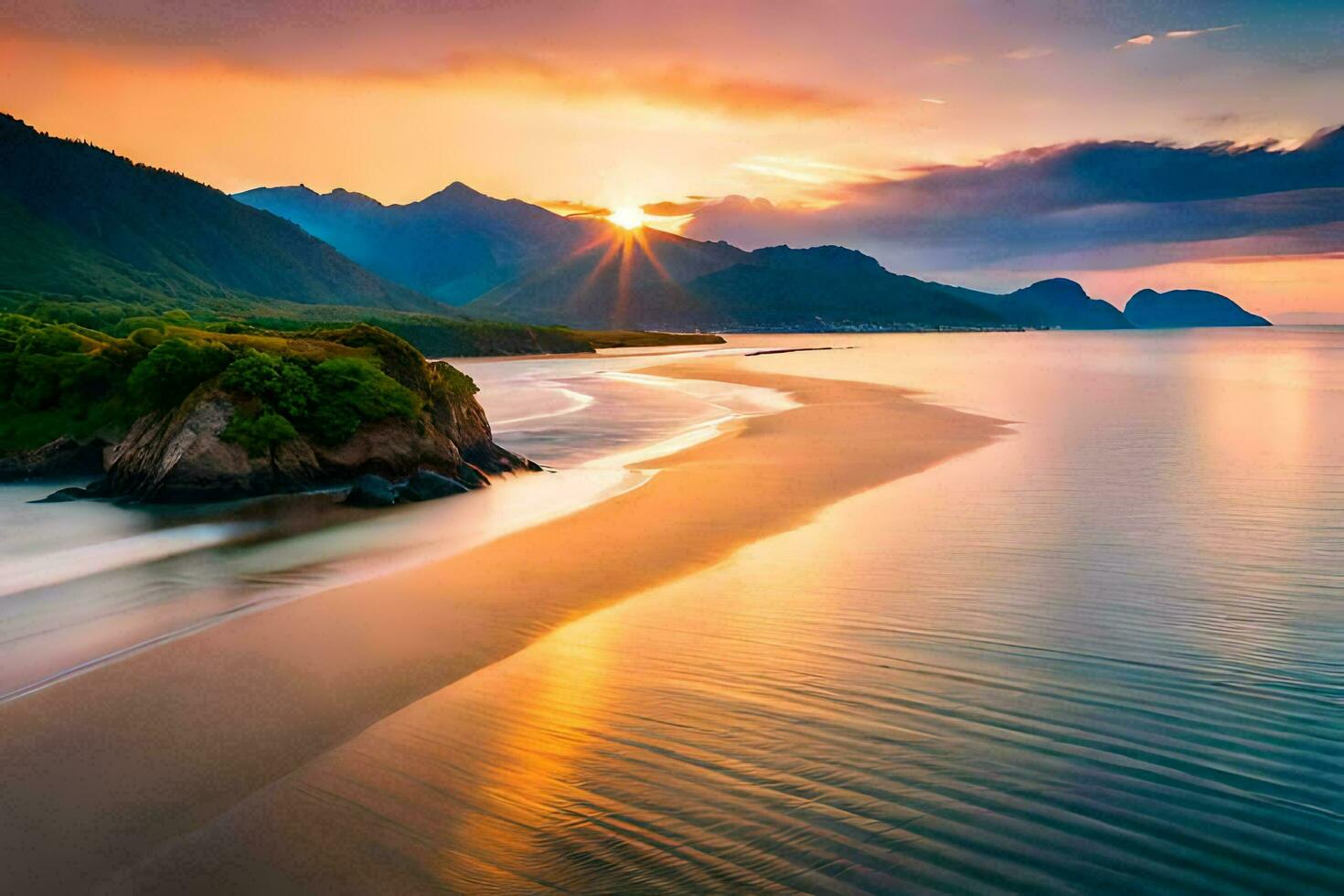 le Soleil ensembles plus de une plage et montagnes. généré par ai photo