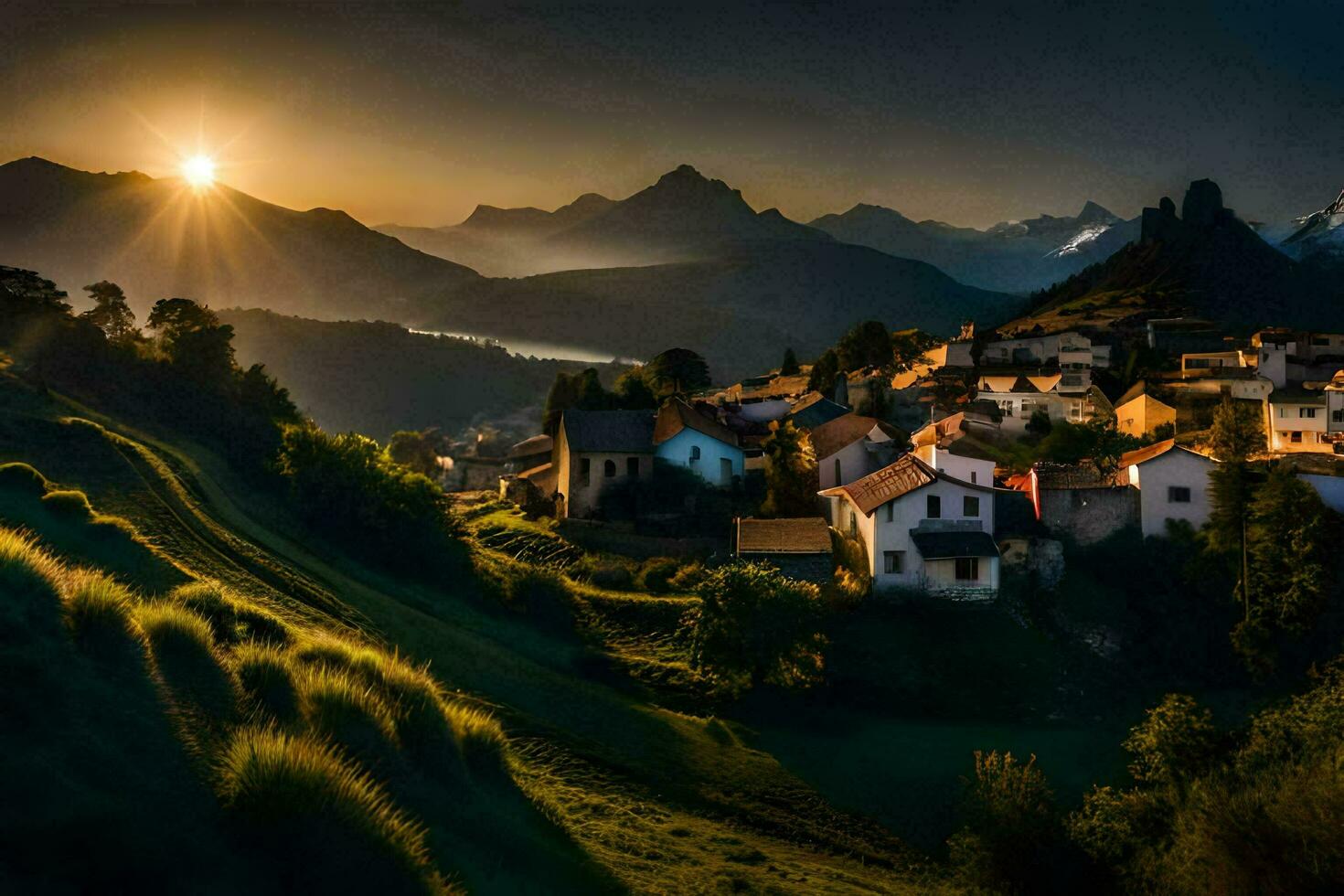 photo fond d'écran le ciel, montagnes, le soleil, le montagnes, le soleil, le montagnes,. généré par ai