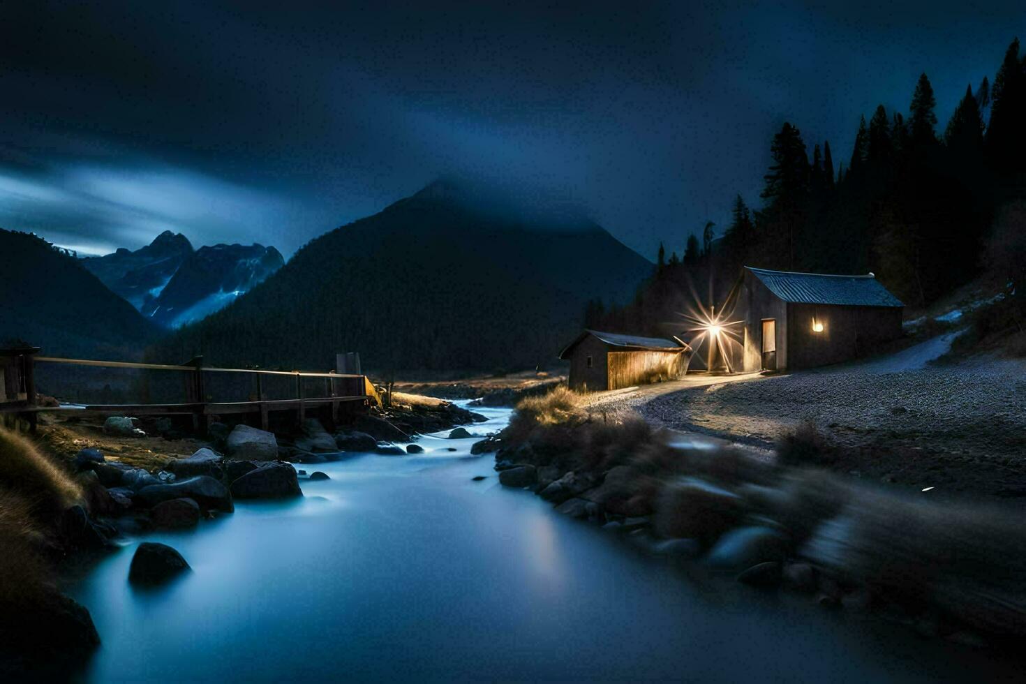 une cabine dans le montagnes à nuit avec une rivière. généré par ai photo