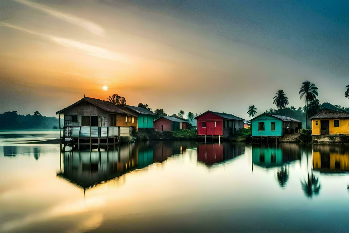 coloré Maisons sur le l'eau à le coucher du soleil. généré par ai photo