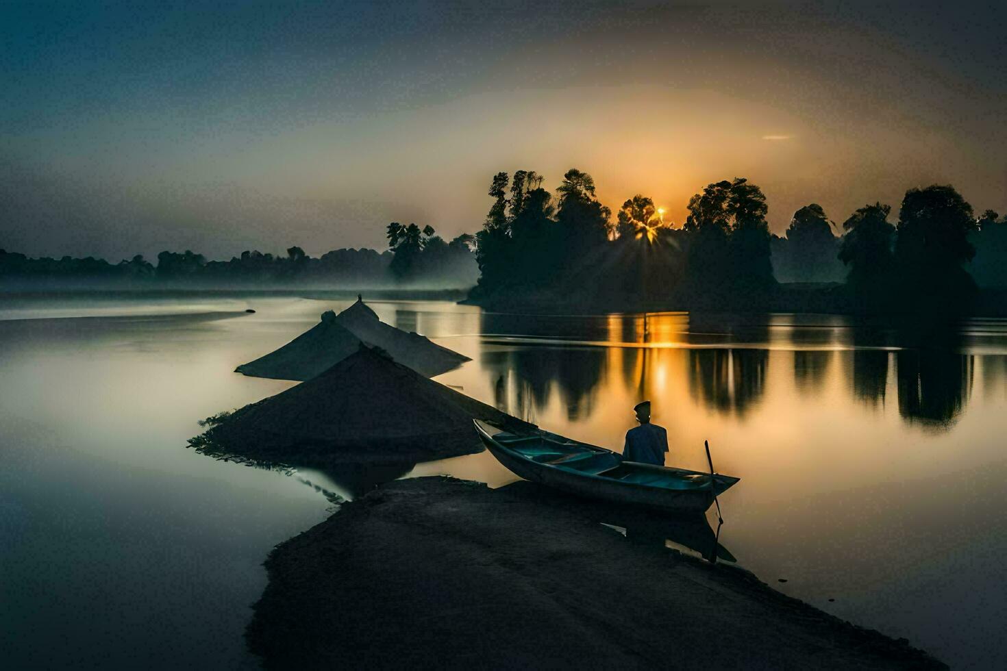 une homme dans une bateau sur le rivière à lever du soleil. généré par ai photo