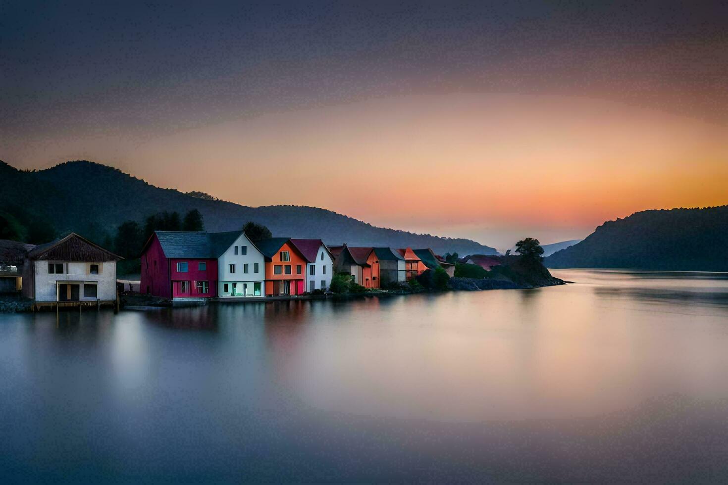 photo fond d'écran le ciel, eau, montagnes, Maisons, le mer, le ciel, le mer. généré par ai