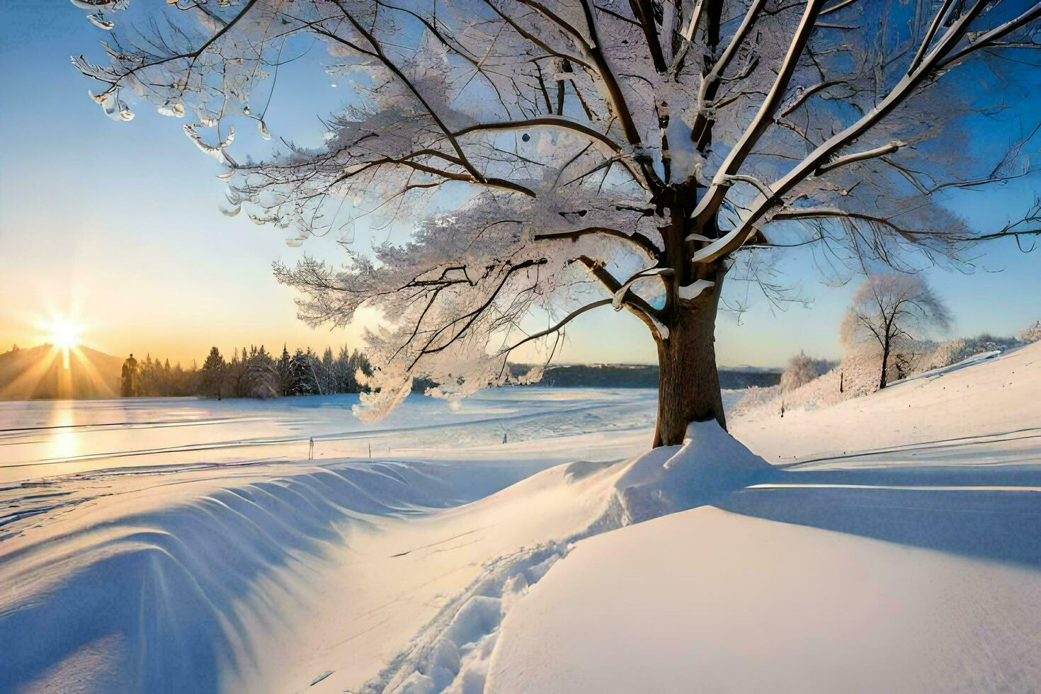 une arbre dans le neige avec le Soleil réglage derrière il. généré par ai photo