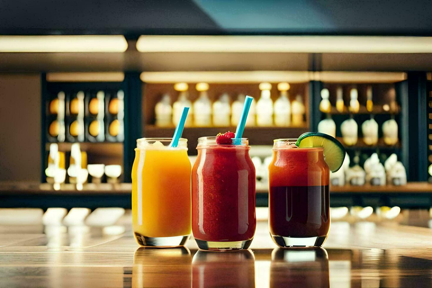 Trois différent les types de jus asseoir sur une bar. généré par ai photo