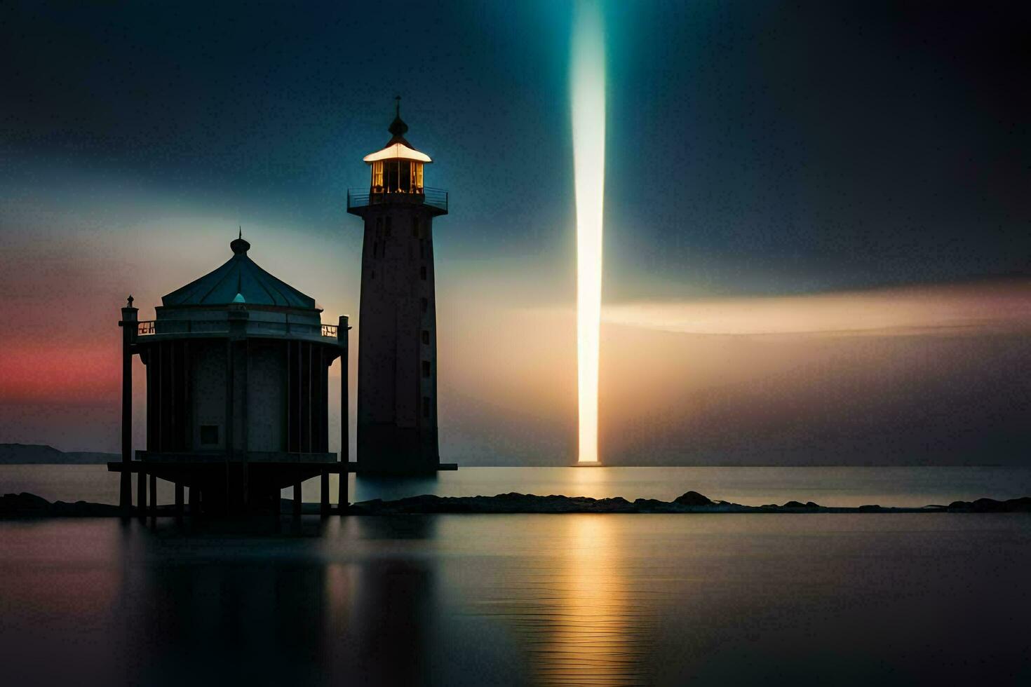 une phare est allumé en haut à nuit avec une faisceau de lumière. généré par ai photo