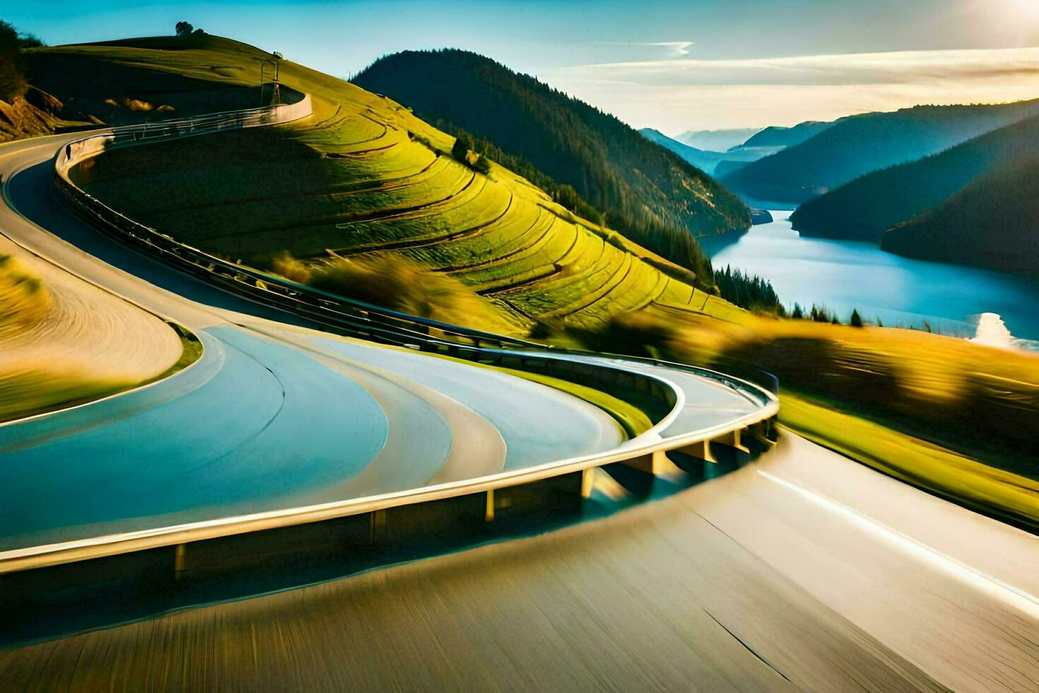 une enroulement route avec une Lac et montagnes dans le Contexte. généré par ai photo