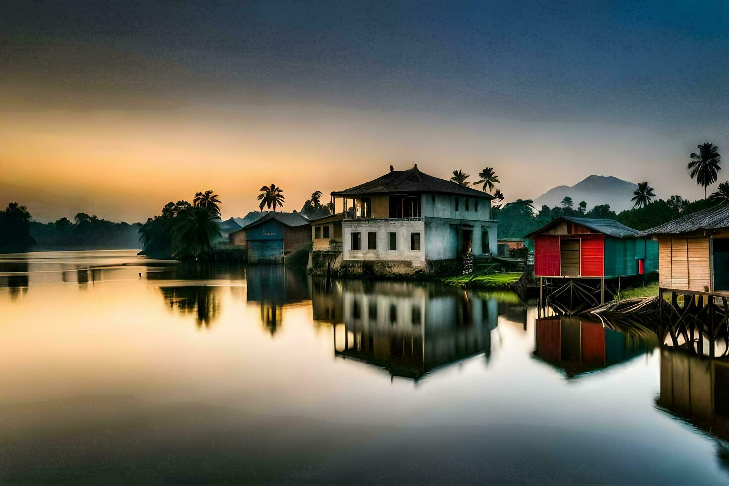 une maison sur le l'eau à le coucher du soleil. généré par ai photo