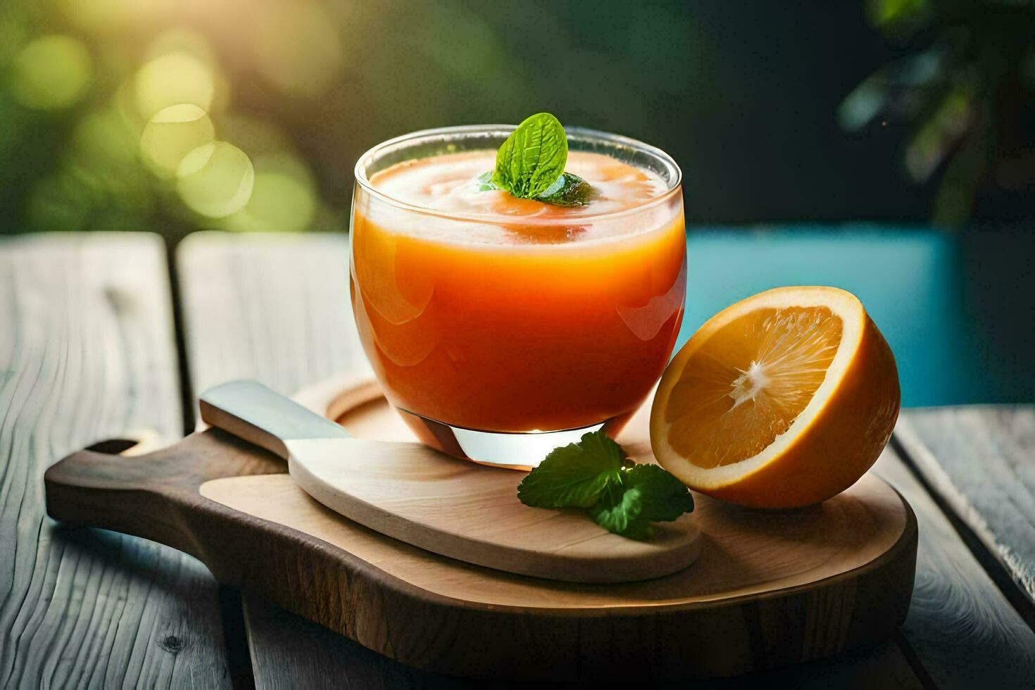 un Orange jus avec menthe feuilles et un Orange tranche sur une en bois tableau. généré par ai photo