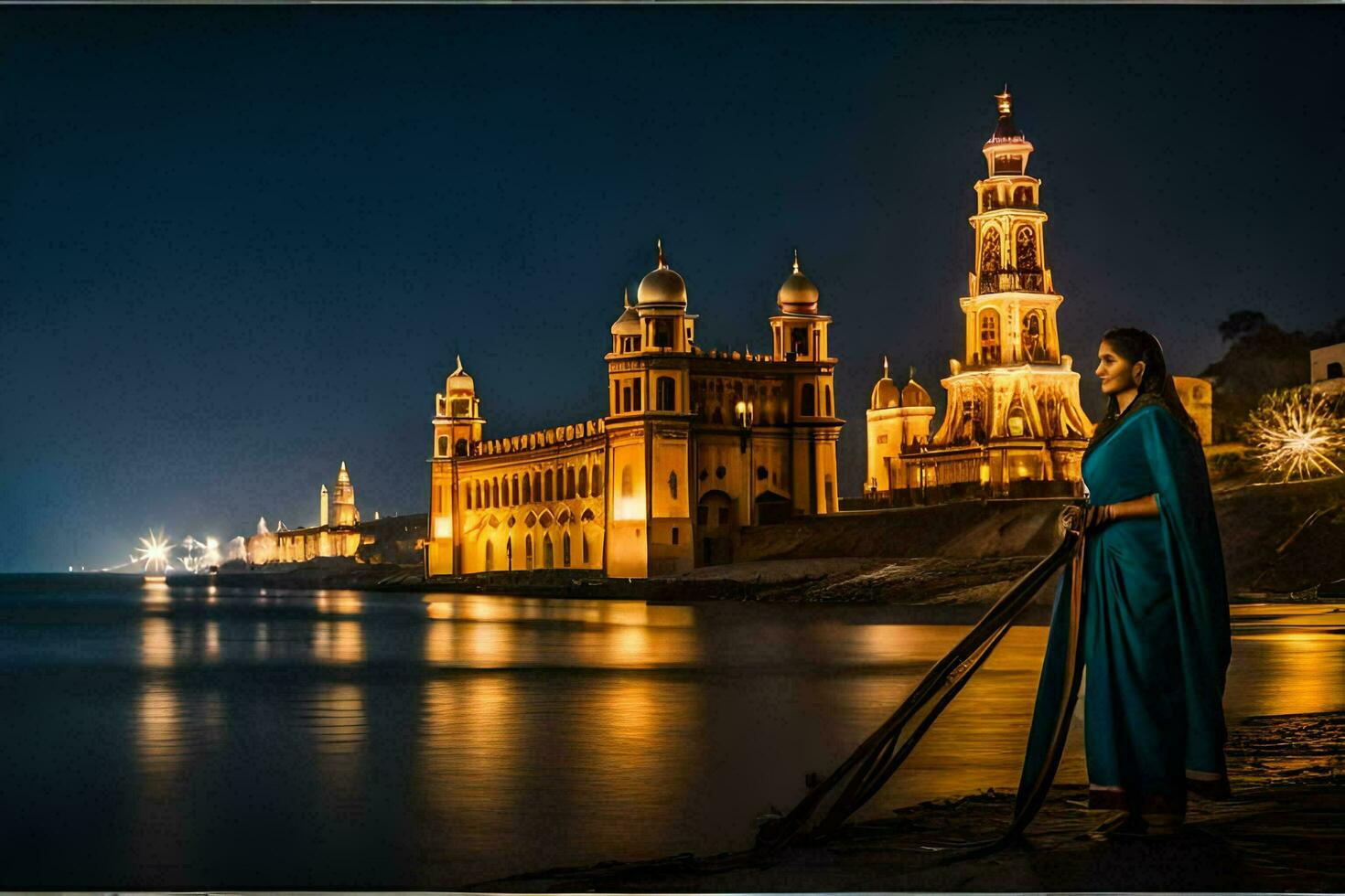 une femme dans une bleu sari des stands par le l'eau à nuit. généré par ai photo