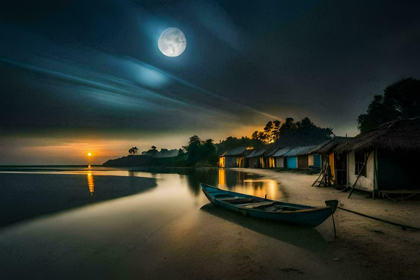 le lune monte plus de le plage à nuit. généré par ai photo