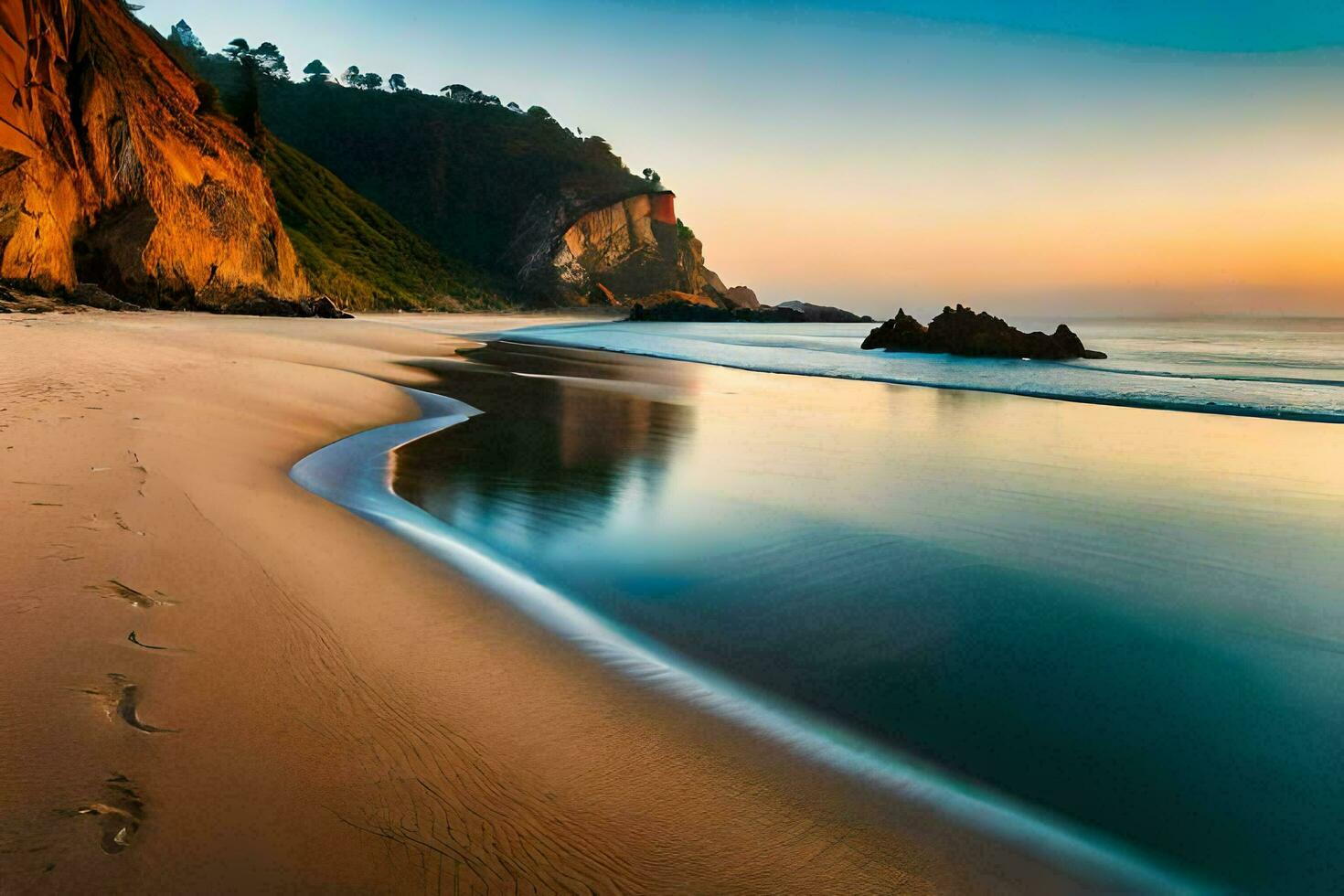 une plage avec empreintes dans le sable. généré par ai photo