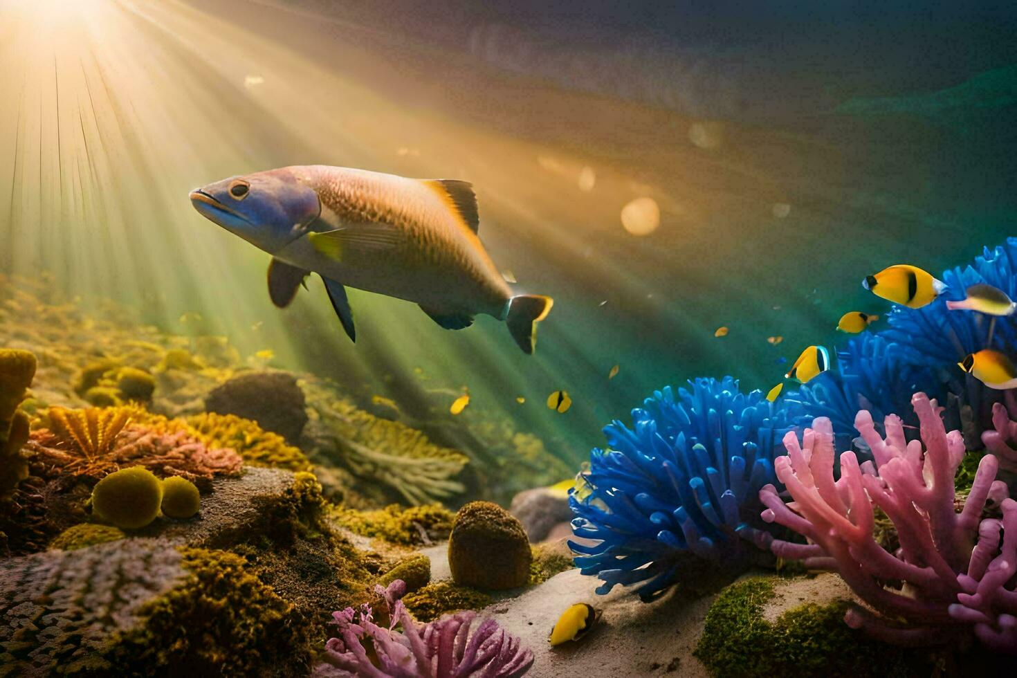 une poisson nage dans le océan avec coloré coraux et poisson. généré par ai photo