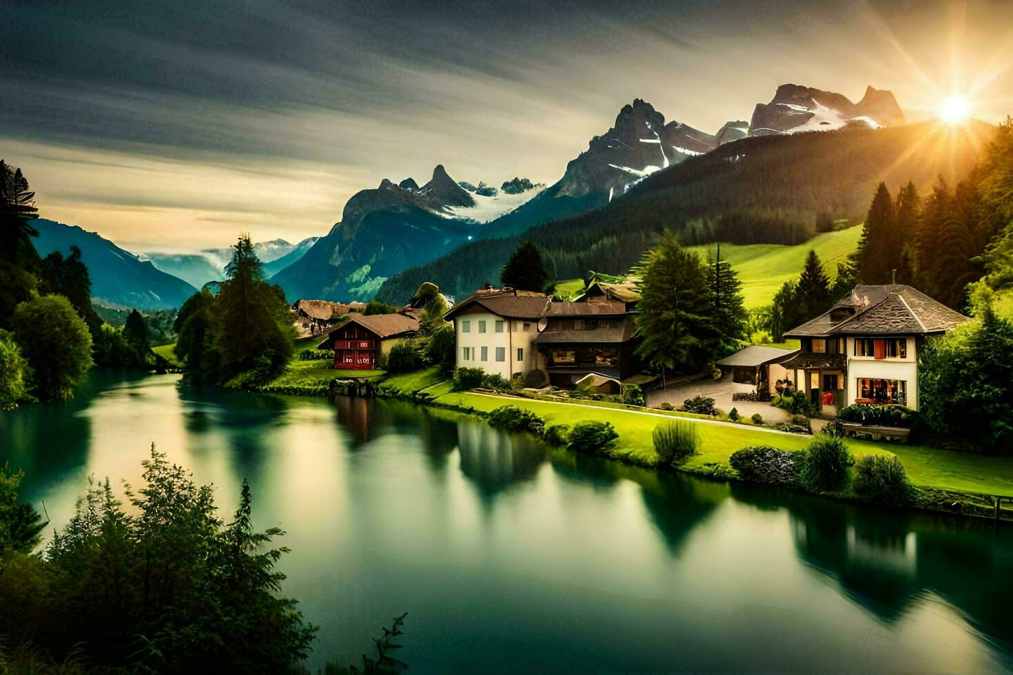 une rivière et Montagne village dans le Suisse Alpes. généré par ai photo