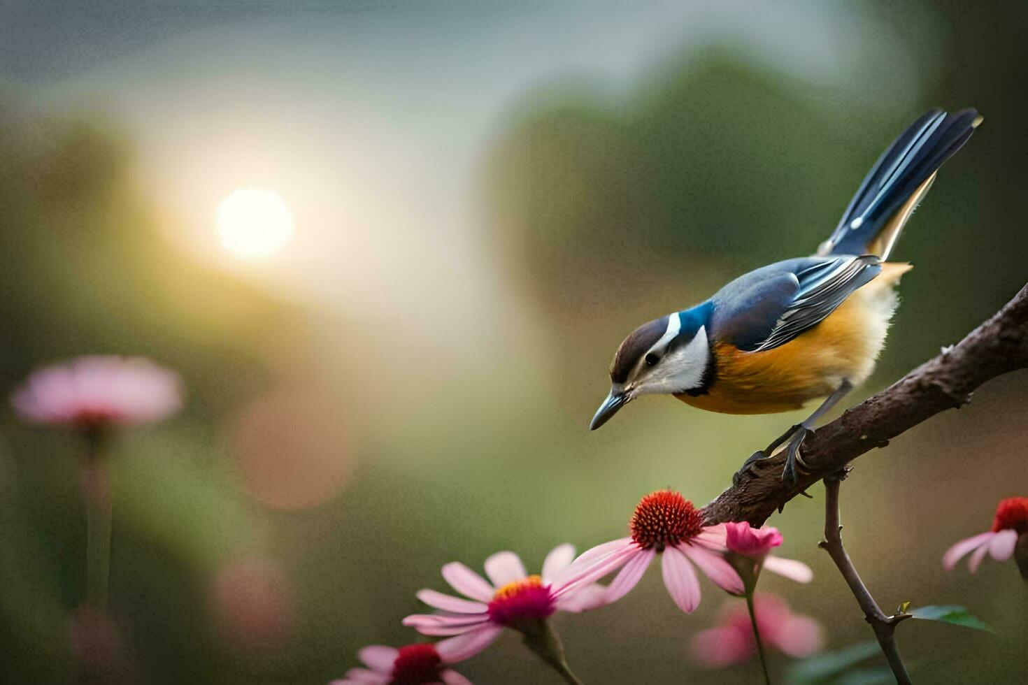 une oiseau perché sur une branche avec rose fleurs. généré par ai photo