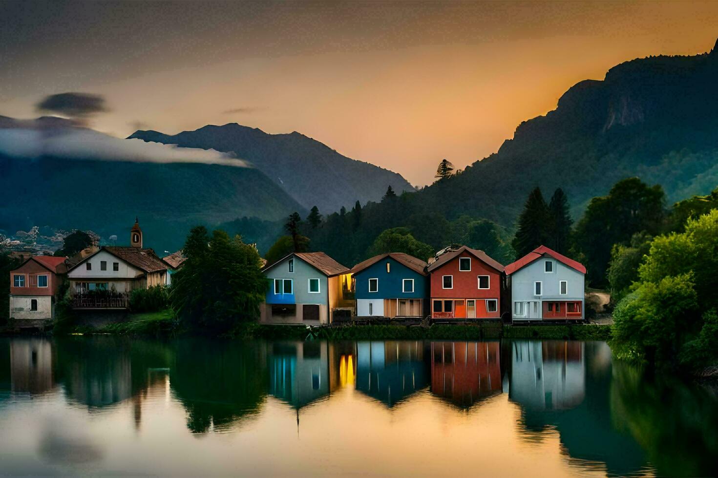 coloré Maisons sur le rive de une Lac à le coucher du soleil. généré par ai photo