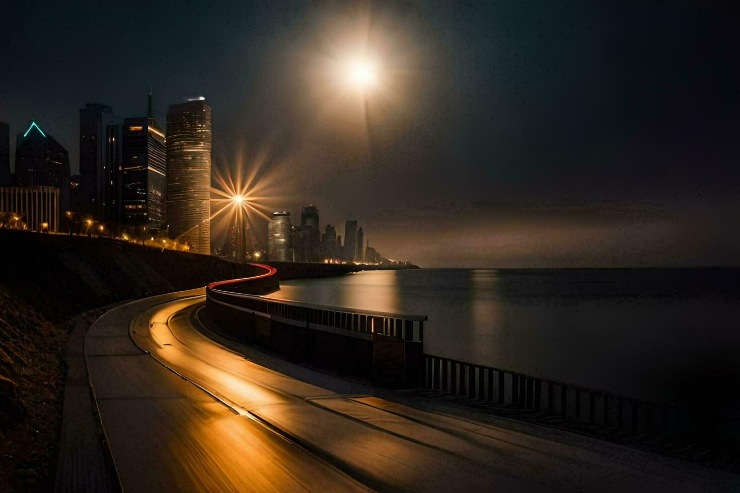 une longue exposition photographier de le ville horizon à nuit. généré par ai photo