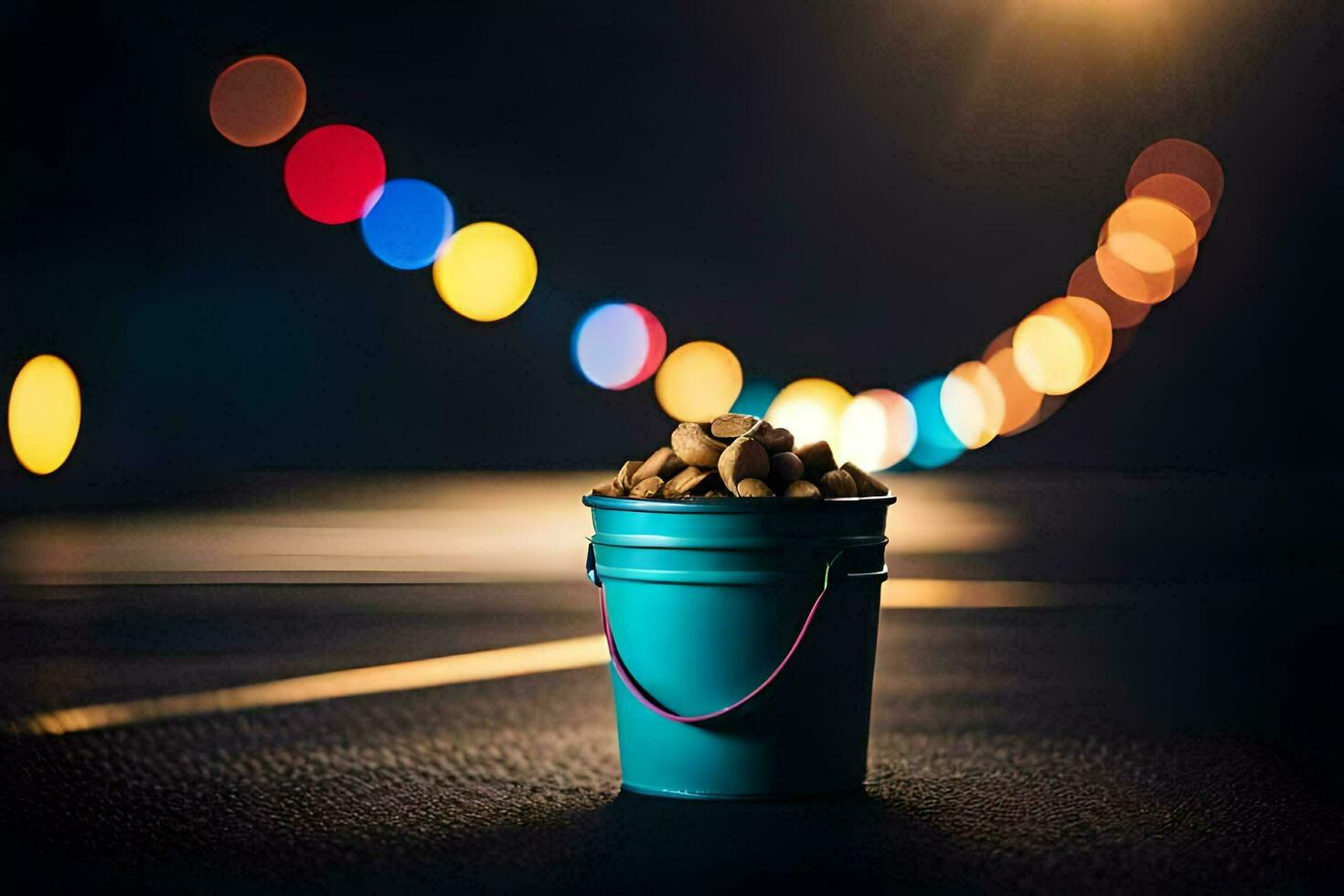 une seau de cacahuètes sur le route à nuit. généré par ai photo