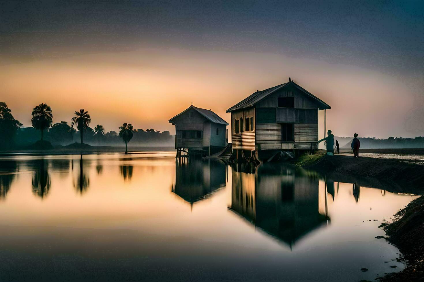 deux Maisons asseoir sur le rive de une Lac à le coucher du soleil. généré par ai photo