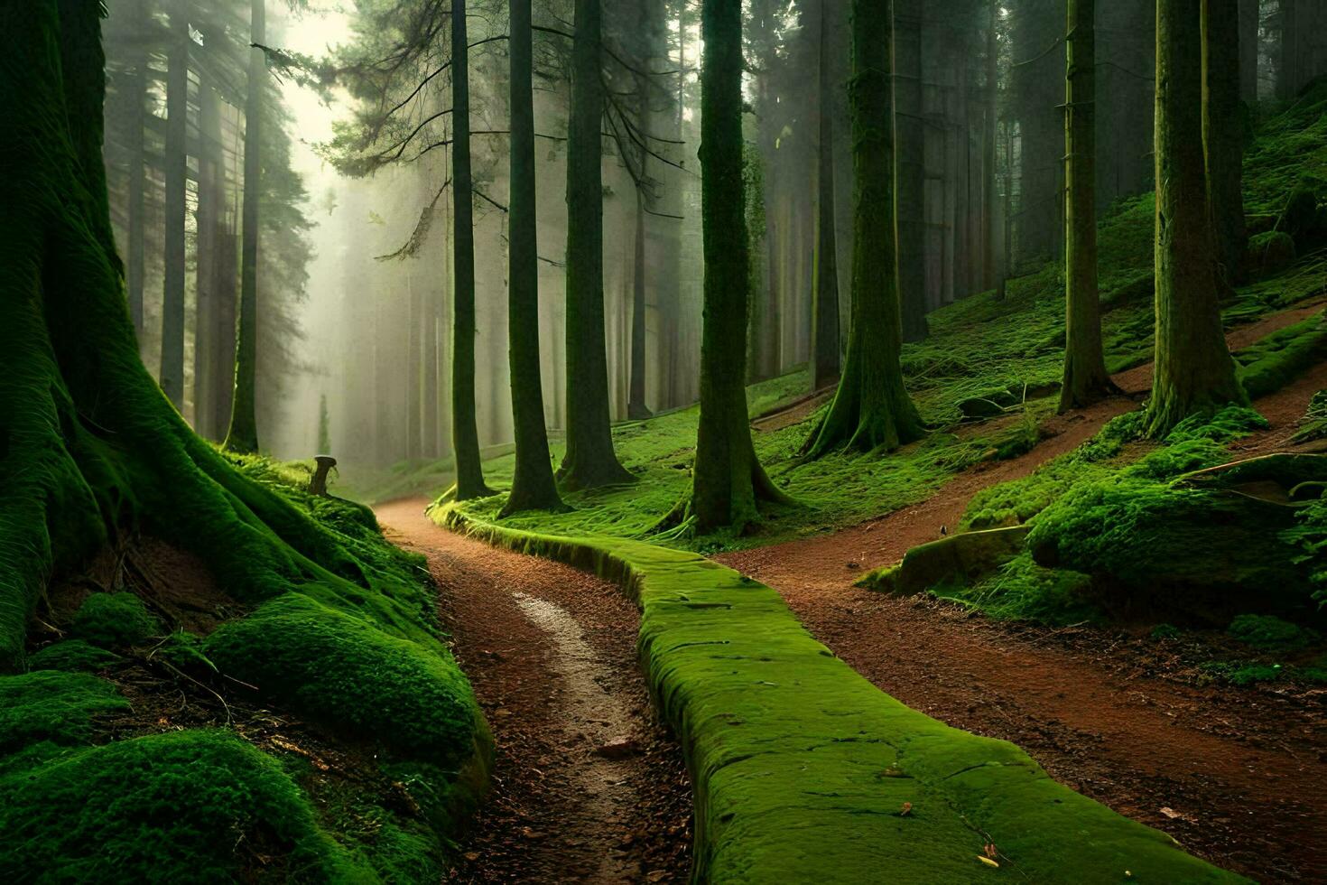 une chemin par une forêt avec moussu des arbres. généré par ai photo