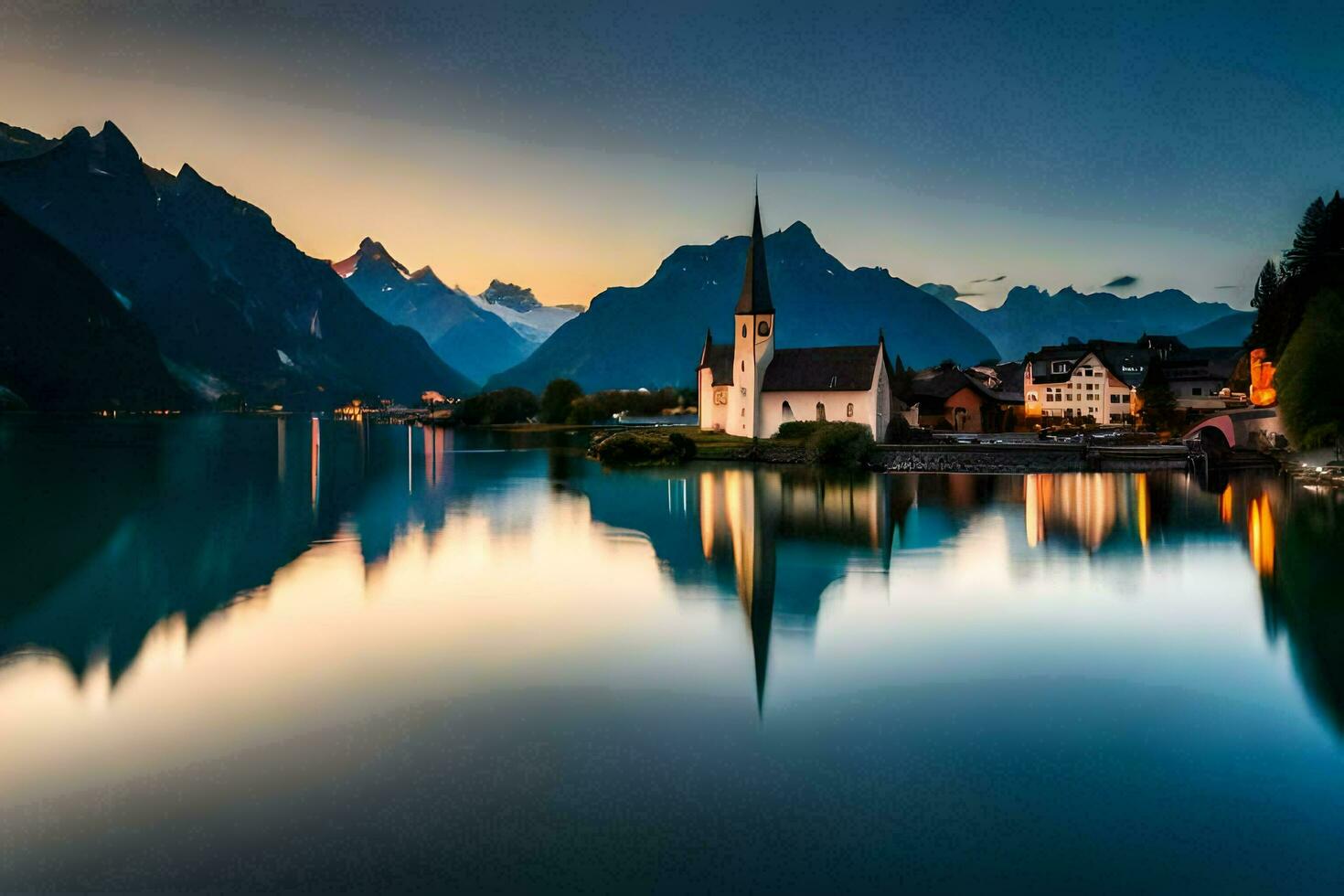 une église dans le montagnes à le coucher du soleil. généré par ai photo