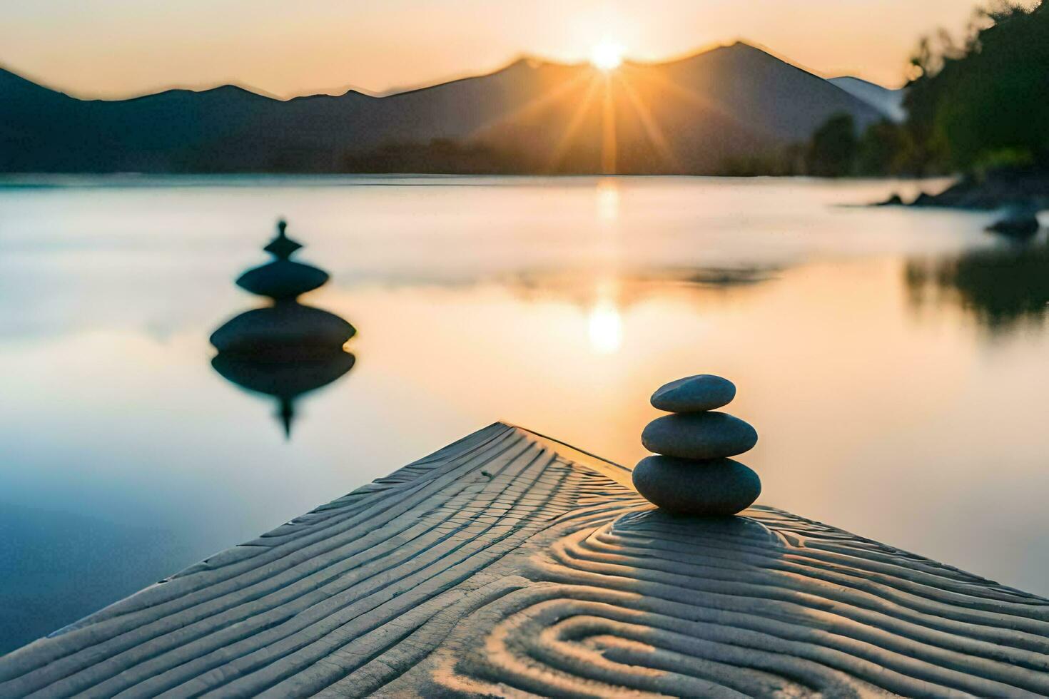 Zen des pierres sur le bord de une Lac à le coucher du soleil. généré par ai photo