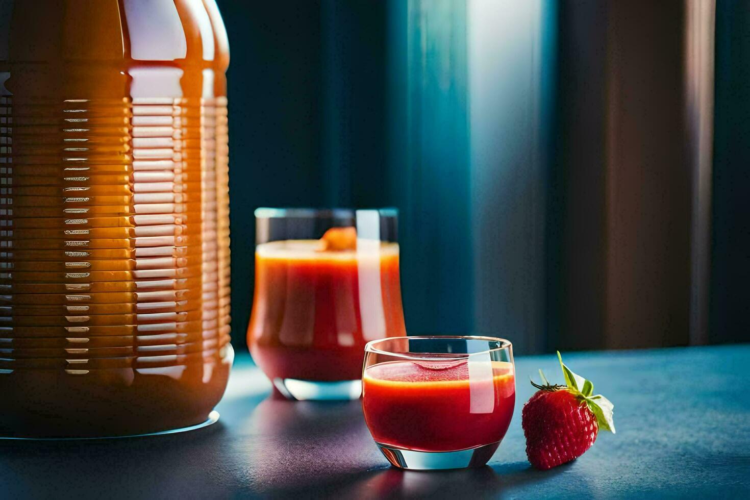 une verre de jus suivant à une cruche. généré par ai photo