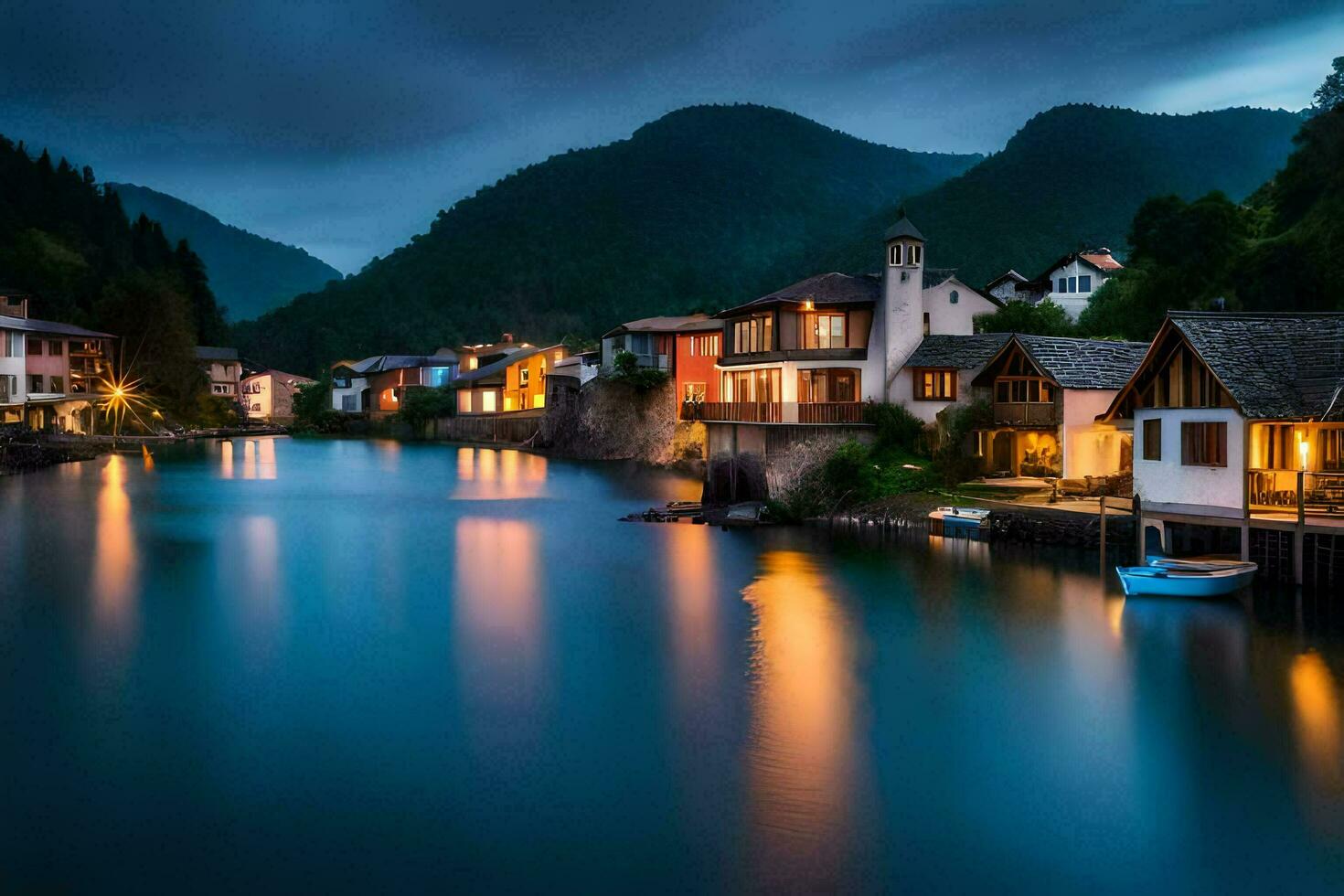 une rivière dans le montagnes à nuit avec Maisons et bateaux. généré par ai photo