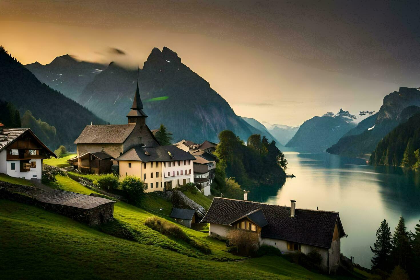 une petit village est assis sur le bord de une lac. généré par ai photo