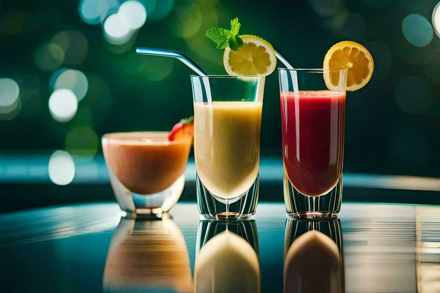 Trois différent les boissons avec fruit et la glace sur une tableau. généré par ai photo